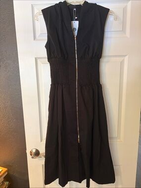 Black Sleeveless Midi Dress with Front Zip and Smocked Waist